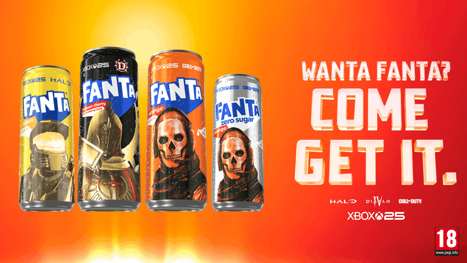 The Fanta Xbox collection includes cans featuring characters from Forza Horizon 6, Call of Duty, Diablo IV, Halo and World of Warcraft. Text reads: "Wanta Fanta? Come get it."
