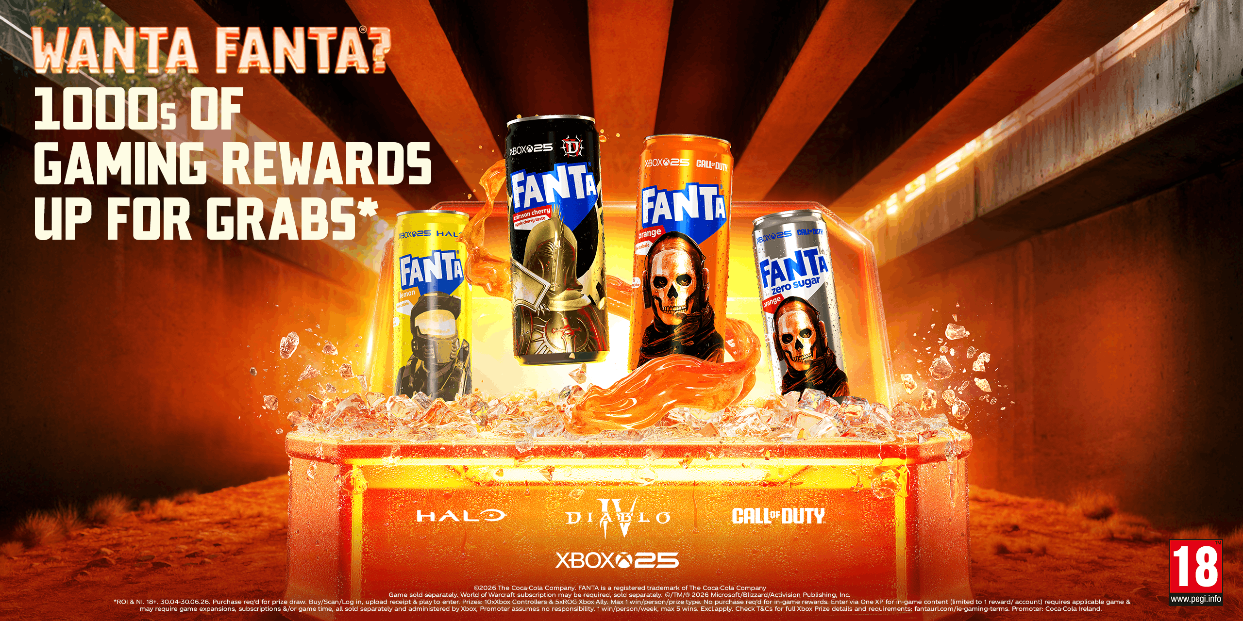 A rewards chest opened to reveal Fanta cans featuring characters from Forza Horizon 6, Call of Duty, Diablo IV, Halo and World of Warcraft. Text reads: "Wanta Fanta? 1000s of gaming rewards up for grabs"