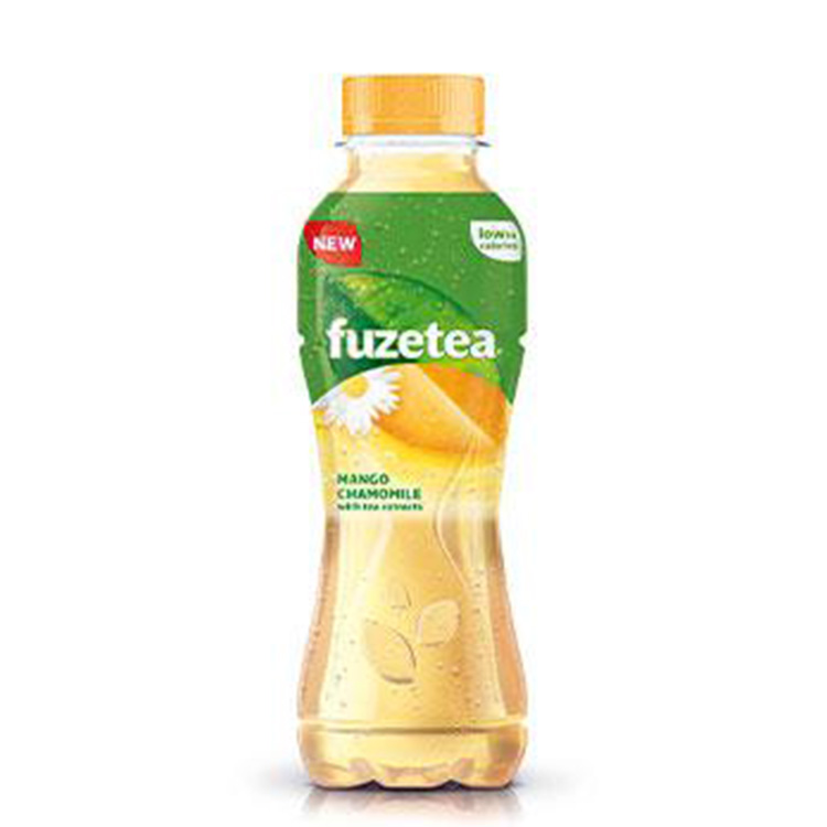 Fuze Tea Mango Camomile bottle on white background.