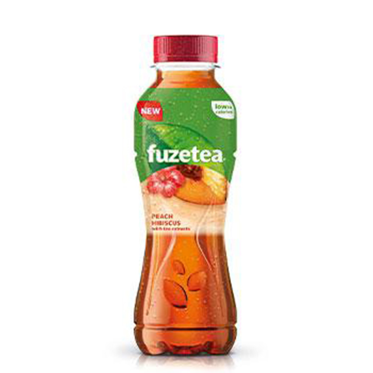 Fuze Tea Peach Hibiscus bottle on white background.