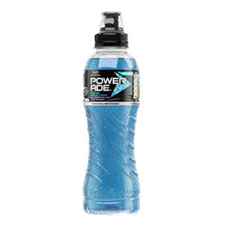 Powerade Berry & Tropical bottle on white background.