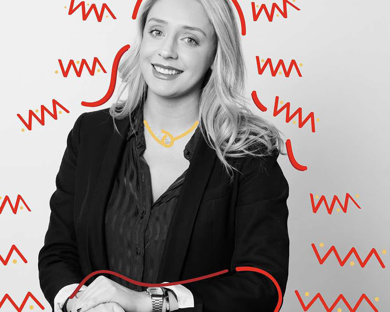 Black and white photograph of a woman in a suit with icons in red around her