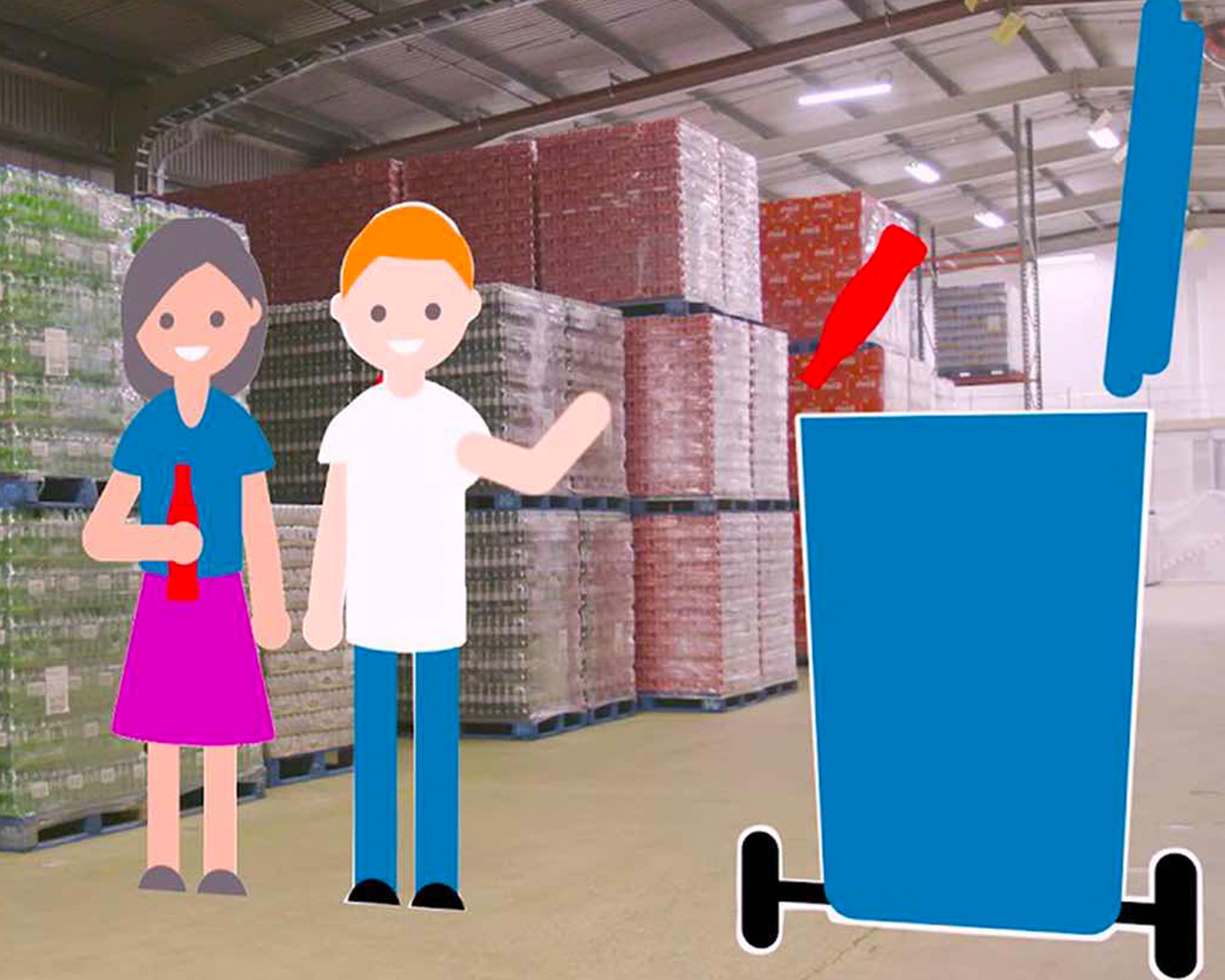 A Coca-Cola distribution center with the illustration of a man and a woman. The woman is holding a red bottle and the man is throwing a red bottle in a blue trash can