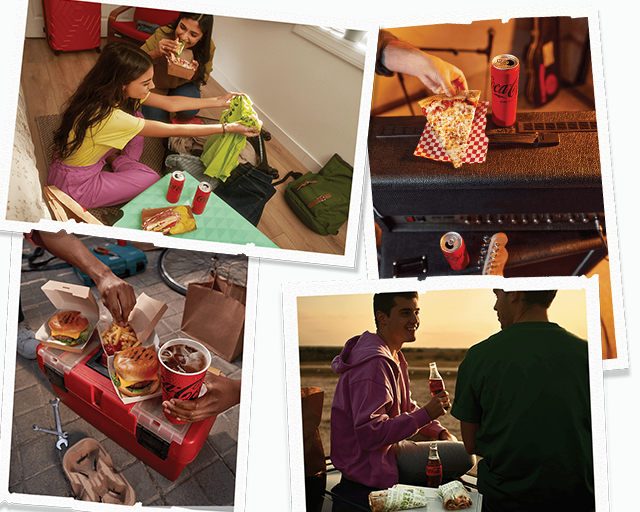 भोजन और दोस्तों के साथ Coca Cola जीरो शुगर का आनंद उठाते हुए दिखाने वाली छवियों का संकलन; समुद्र तट पर, बैंड प्रैक्टिस में, काम पर, छुट्टी के दौरान। 