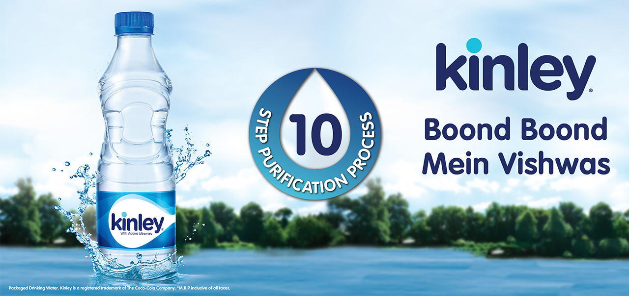 Bottle of Kinley Water next to the text: 10 step purification process. Kinley - Boond Boond Mein Vishwas.