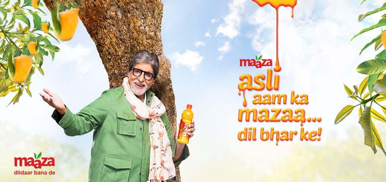 Older man holding a bottle of Maaza in front of a a fruit tree with the words: maaza - asli aam ka mazaa...dil bhar ke!