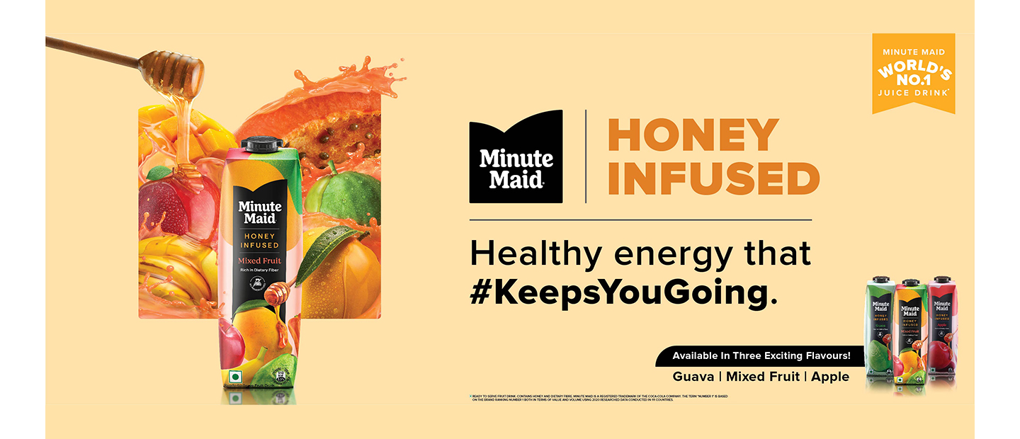 Minute maid honey infused juice drink cartons with text reading: Honey infused, healthy energy that keeps you going