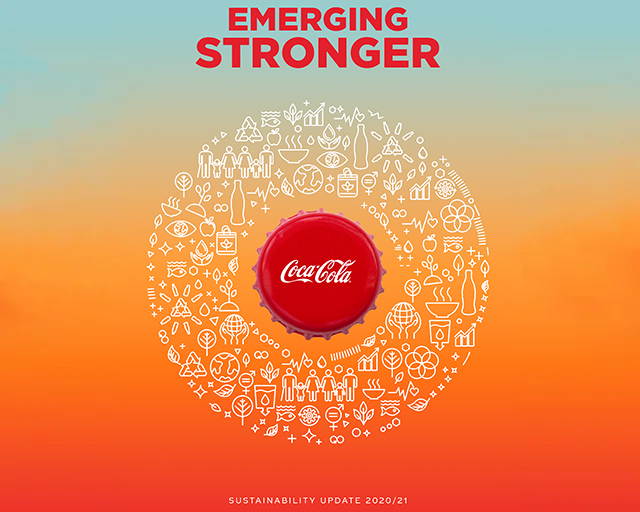 लाल और नारंगी रंग के बैकग्राउंड परCoca Cola के सस्टेनेबिलिटी वर्क का इमेज, जिस पर लिखा है: हमारे लोगों में फर्क लाना। 