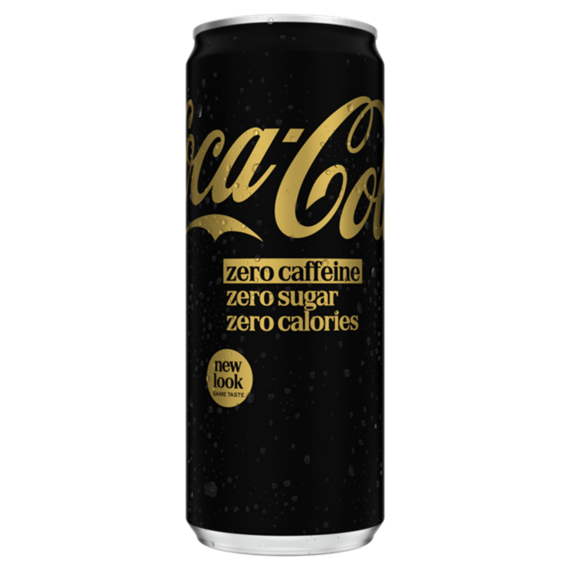 Svört Coca-Cola Zero Sugar dós með gylltu Coca-Cola merki og textanum „zero caffeine, zero sugar, zero calories“ á hvítum bakgrunni.