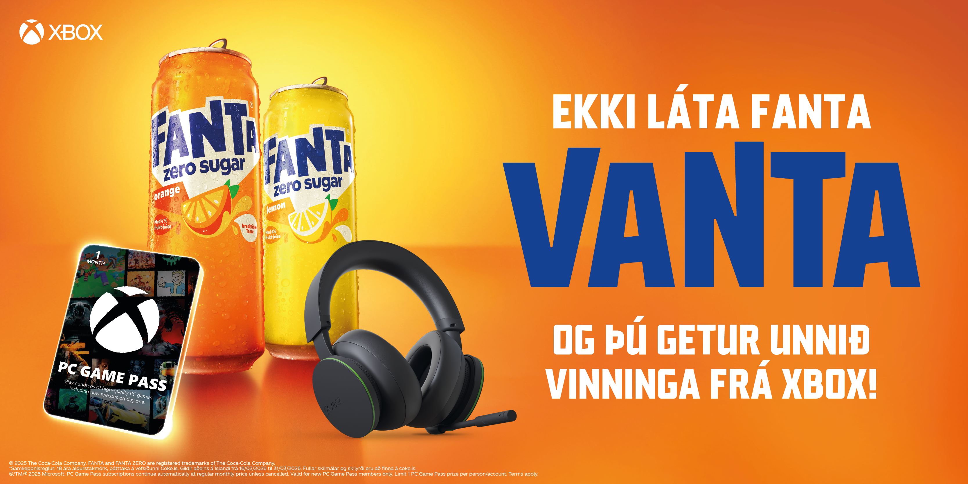 Fanta dósir með texta sem kynnir yfir 3000 verðlaun frá Xbox sem gefin eru út ; appelsínugulur og gulur bakgrunnur með feitletruðu leturgerð.