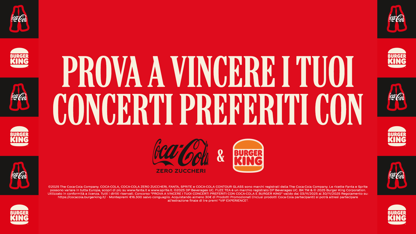 Slogan prova a vincere i tuoi concerti preferiti con logo Coca-Cola Zero Zuccheri e Burger King