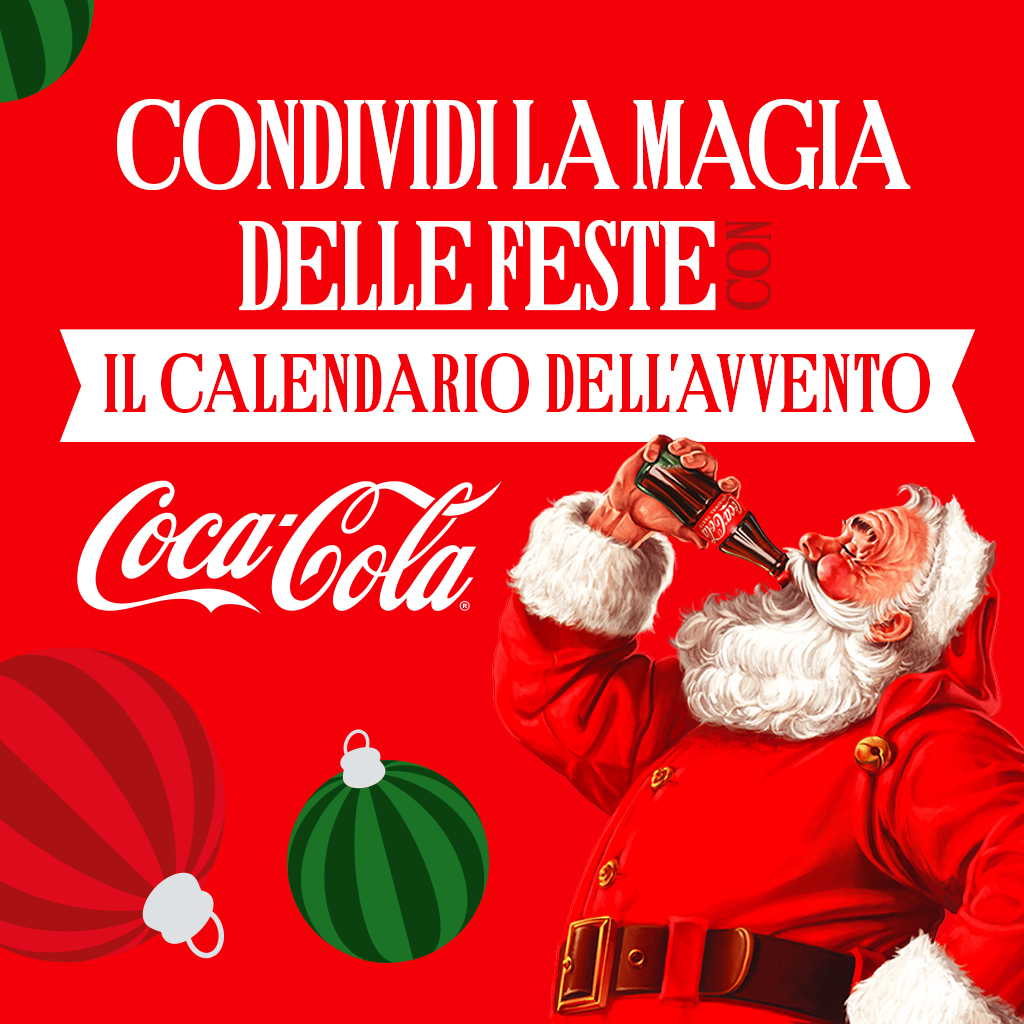 Condividi la magia delle feste con il calendario dell'avvento, babbo natale che beve una coca-cola, palline di natale