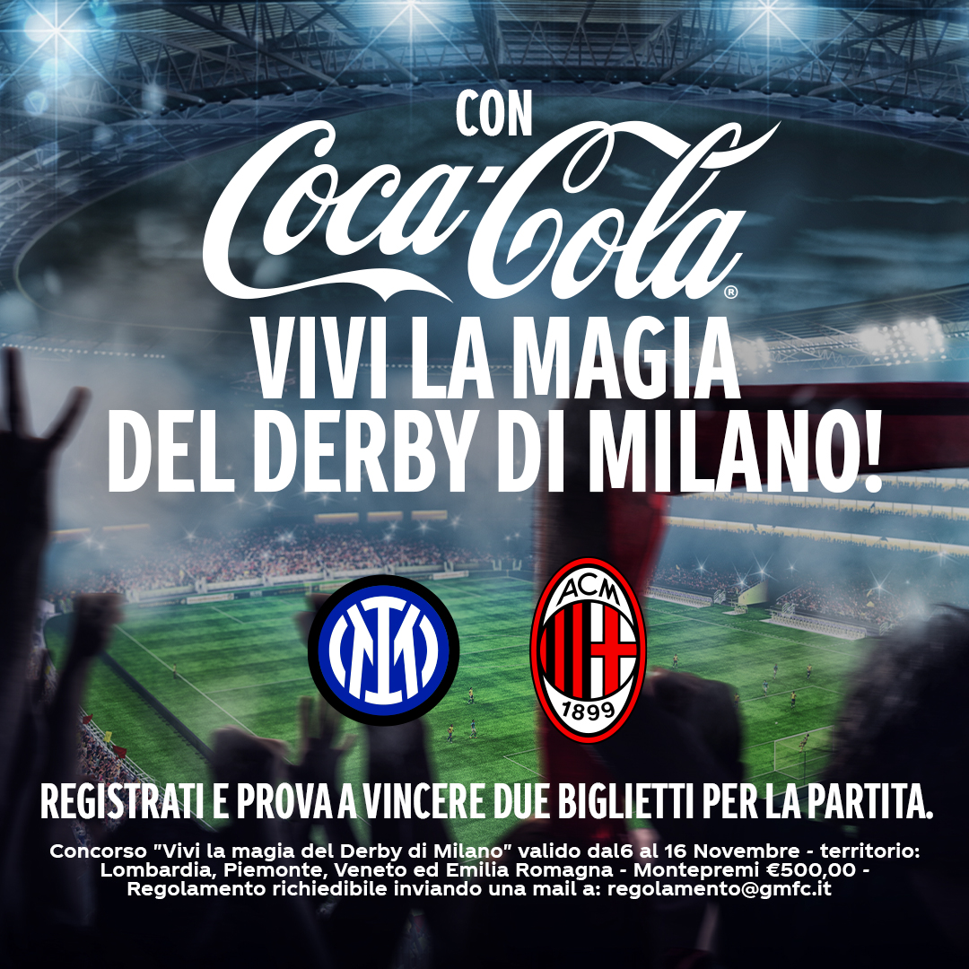 Vinci il Derby di Milano, pallone centrale, logo milan a drestra e logo inter a sinistra