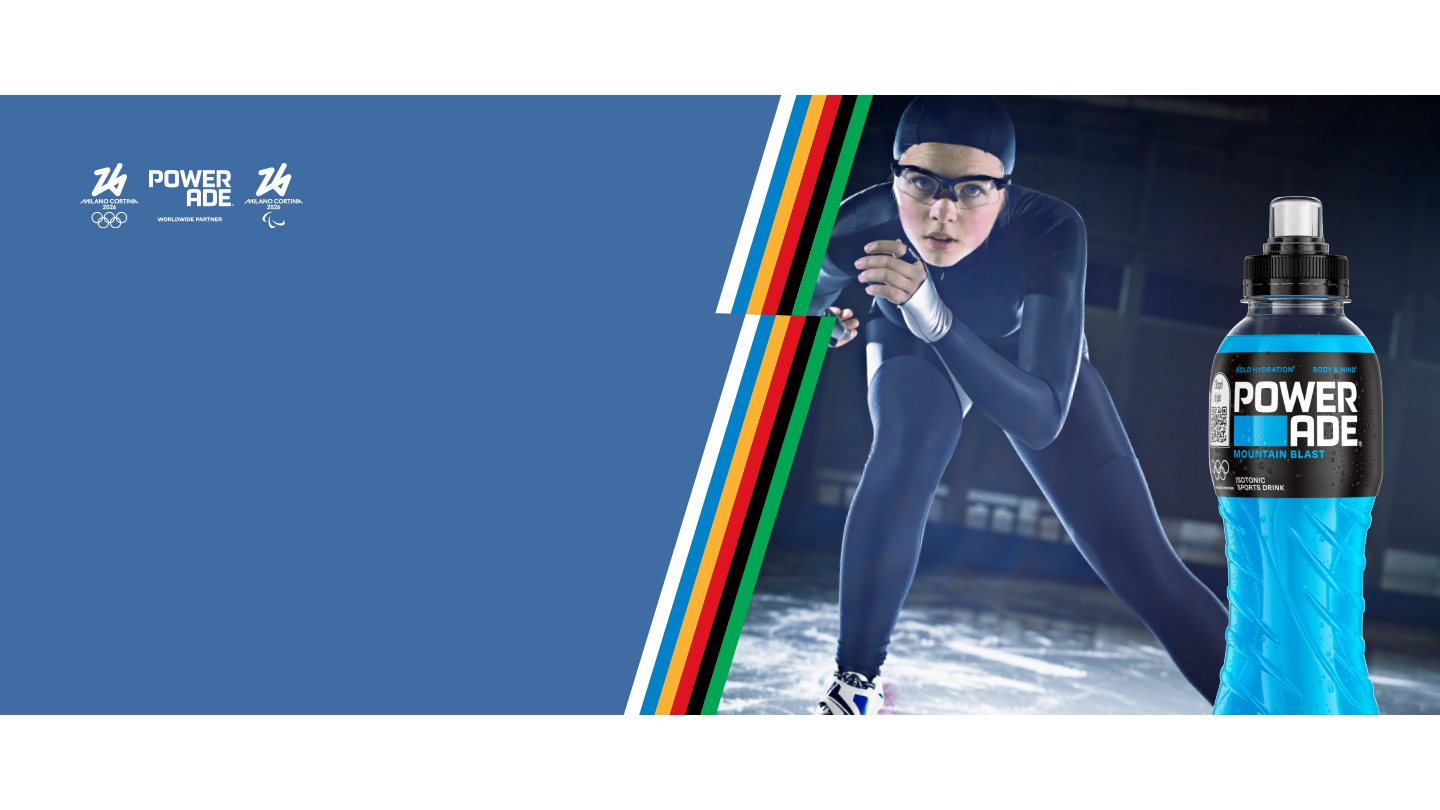 Vivi la magia dei giochi Olimpici Invernali, bottiglia Powerade e atleta
