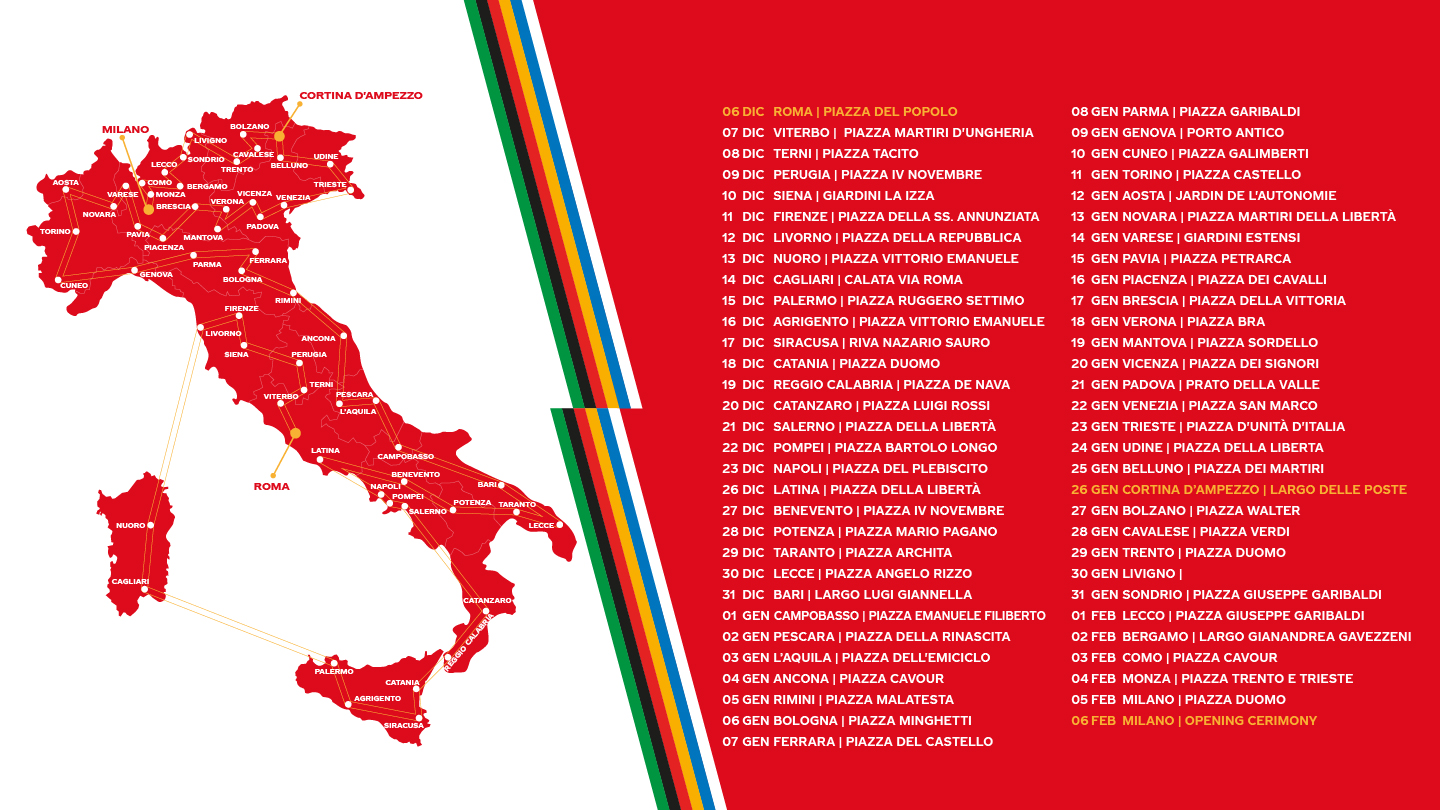 mappa dell'italia con le tappe per il giro della fiamma