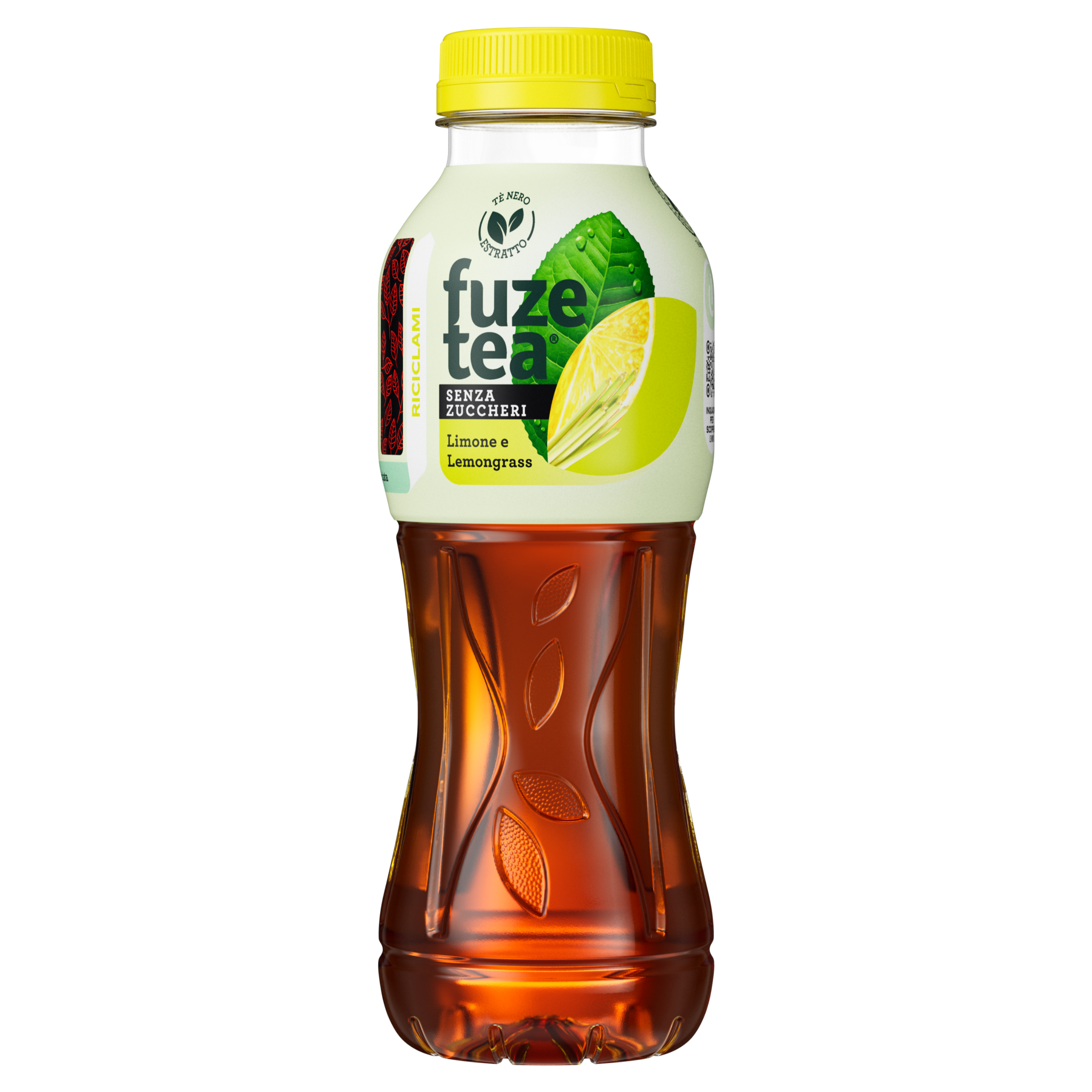 Una bottiglia di Fuze Tea Tè freddo senza zuccheri limone e lemongrass
