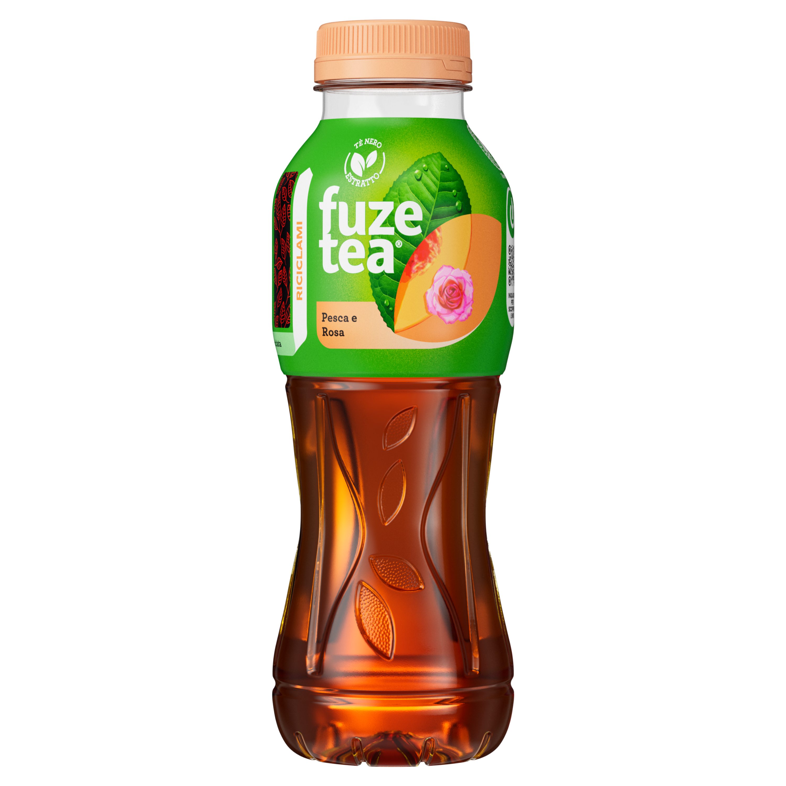Una bottiglia di Fuze Tea Tè freddo pesca e rosa
