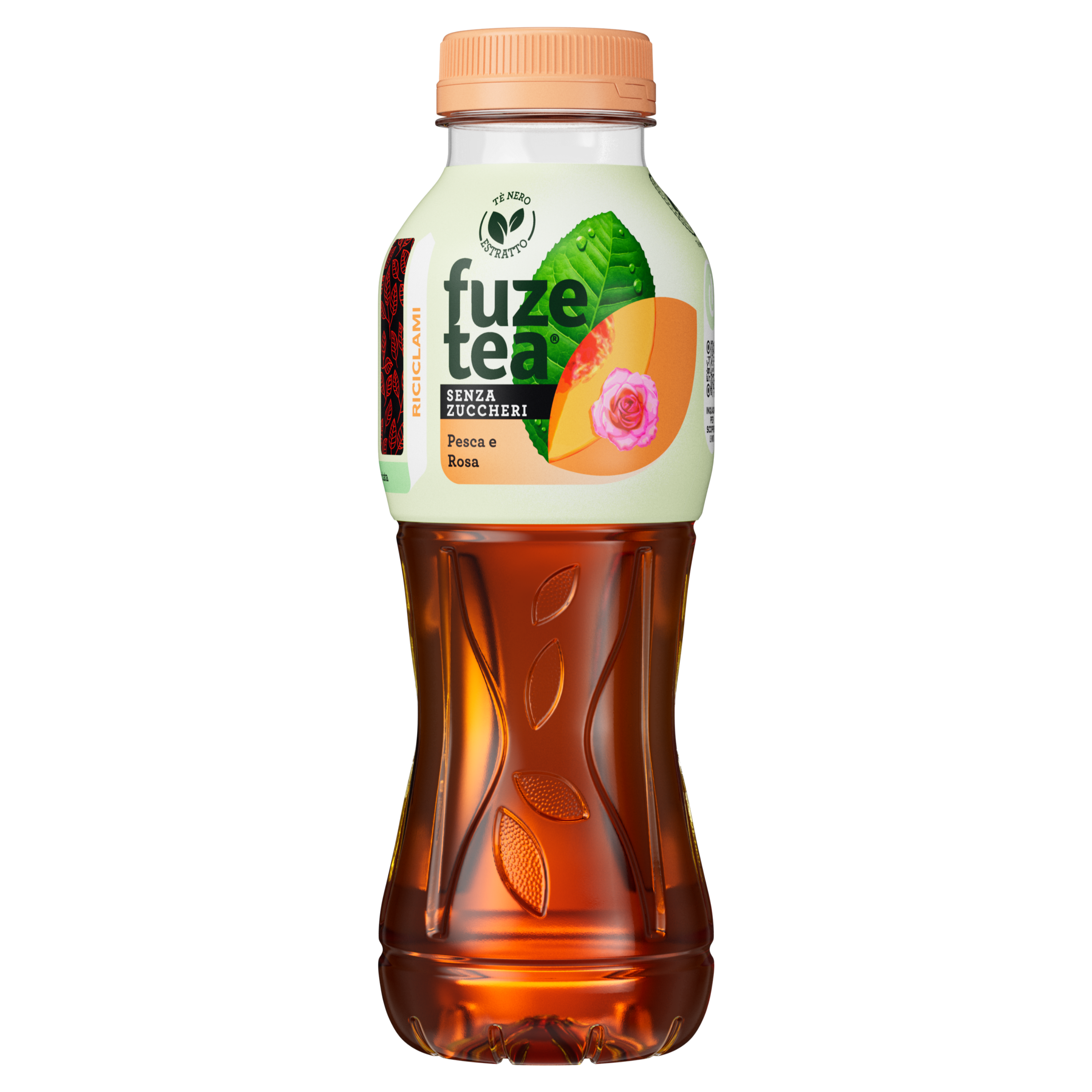 Una bottiglia di Fuze Tea Tè freddo senza zuccheri pesca e rosa
