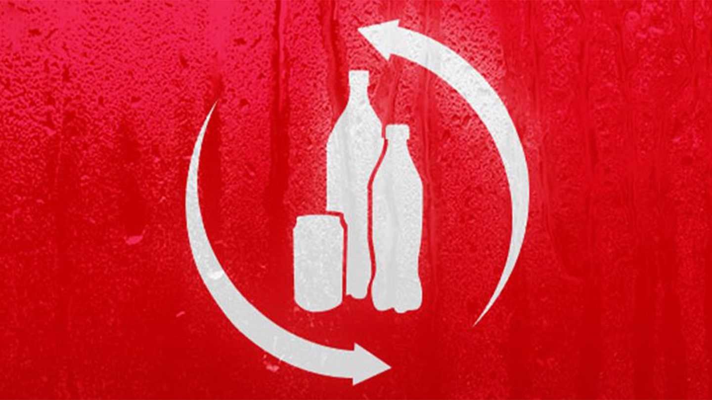Icona del riciclo con due bottiglie e una lattina.