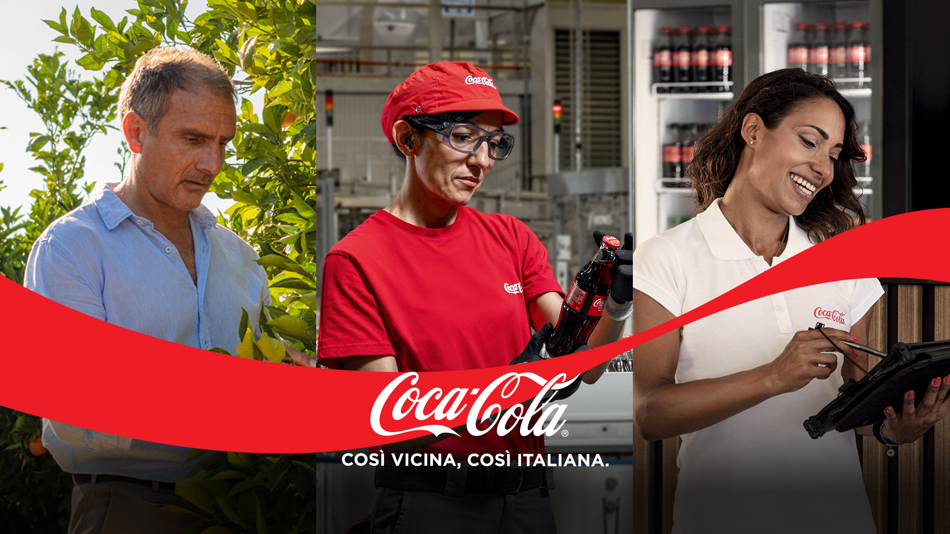 Immagine di 3 persone che lavorano in diverse sezioni del sistema Coca-Cola