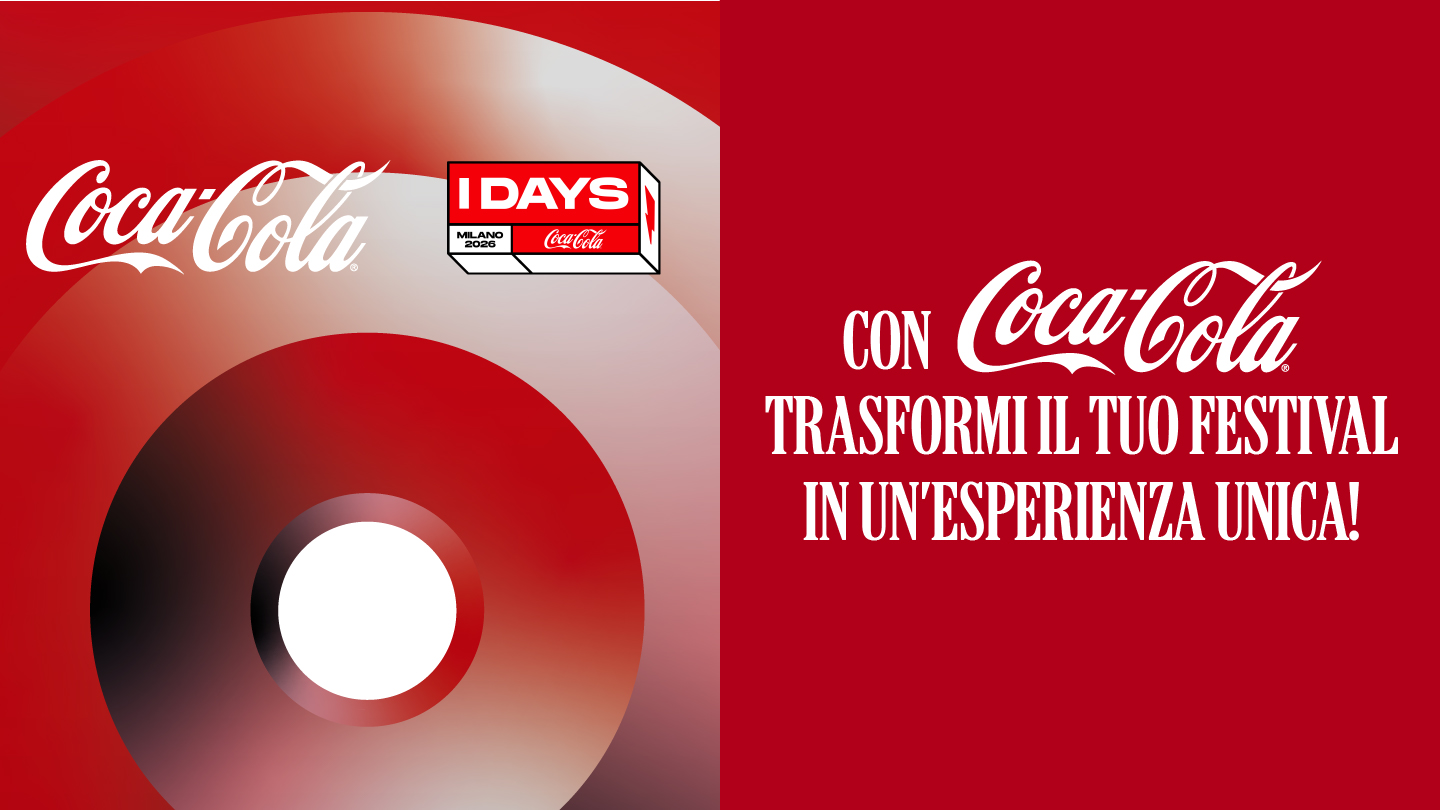 sfondo con vinile e logo idays e coca-cola con disclamer con Coca-Cola trasformi il tuo festival in un'esperienza unica