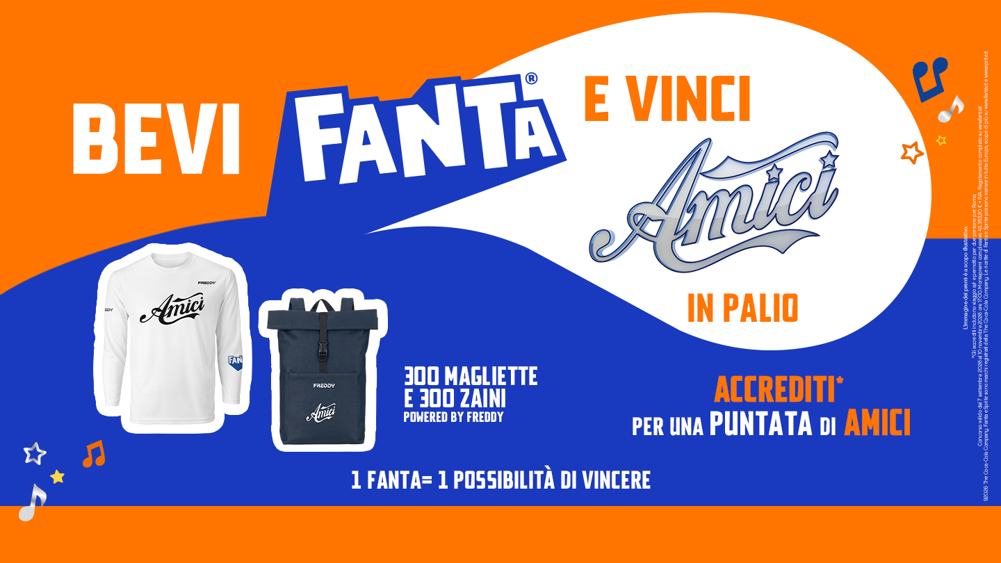 Bevi fanta e vinci amici su sfondo azzurro e arancio con immagini dei premi