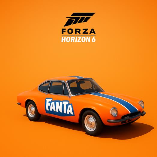 Un’auto arancione parcheggiata in un parcheggio sulla spiaggia con la portiera aperta, sotto il logo di Forza Horizon 6.