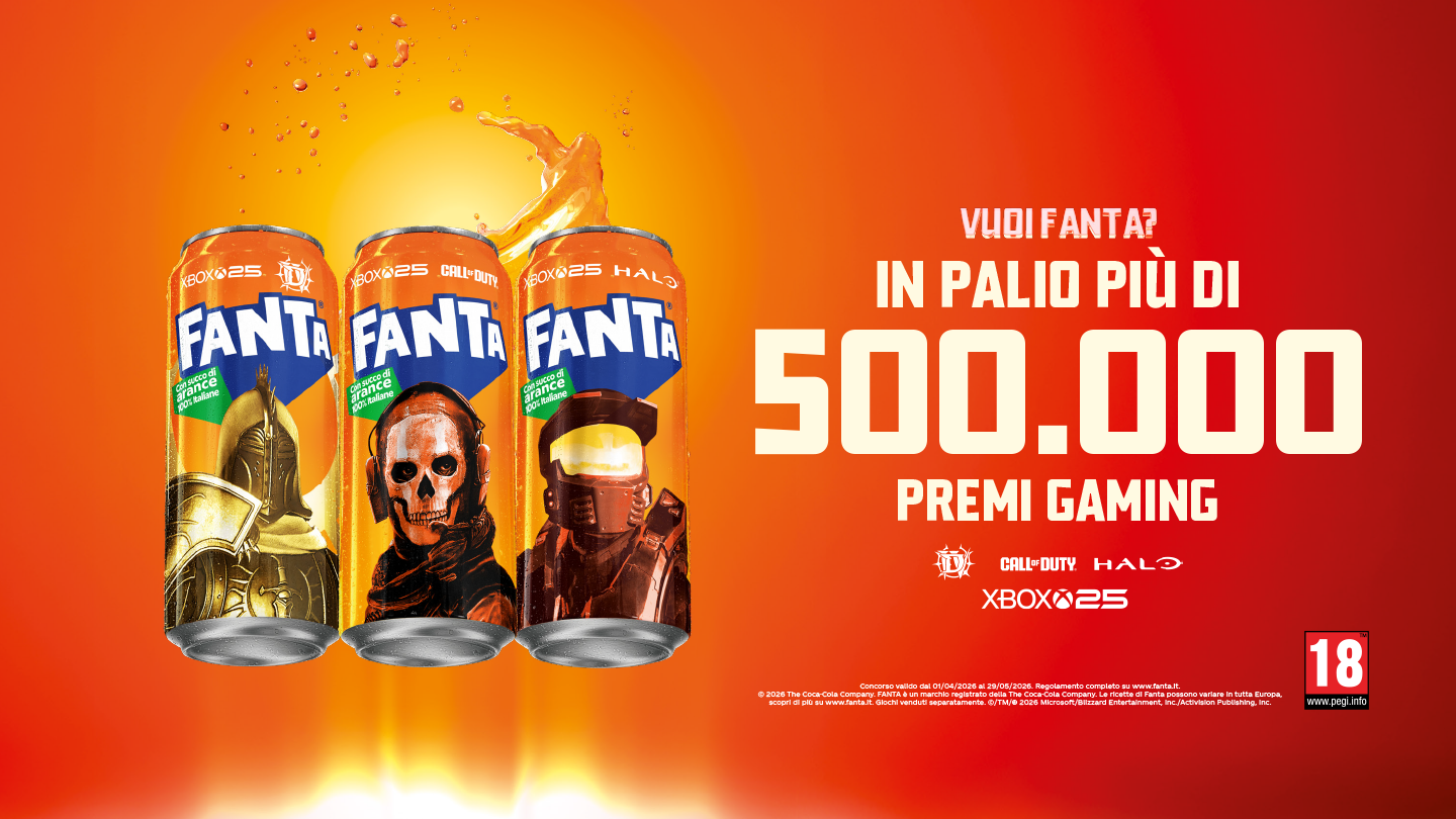 Un forziere aperto rivela le lattine Fanta con i personaggi di Diablo IV, Call of Duty e Halo. Il testo recita: "Vuoi Fanta? Vieni a prenderla.".