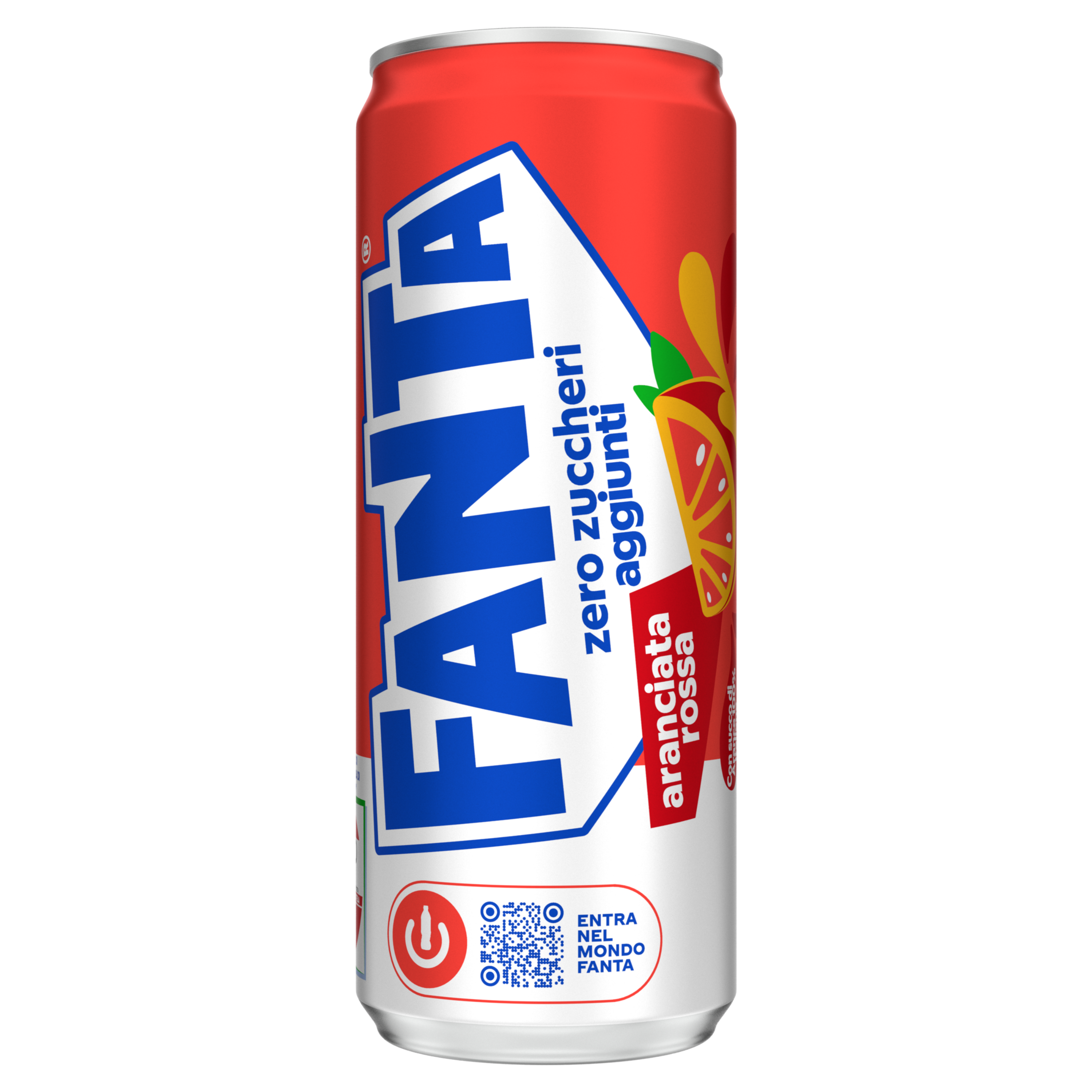 Una lattina di Fanta Aranciata Rossa Senza Zuccheri Aggiunti.