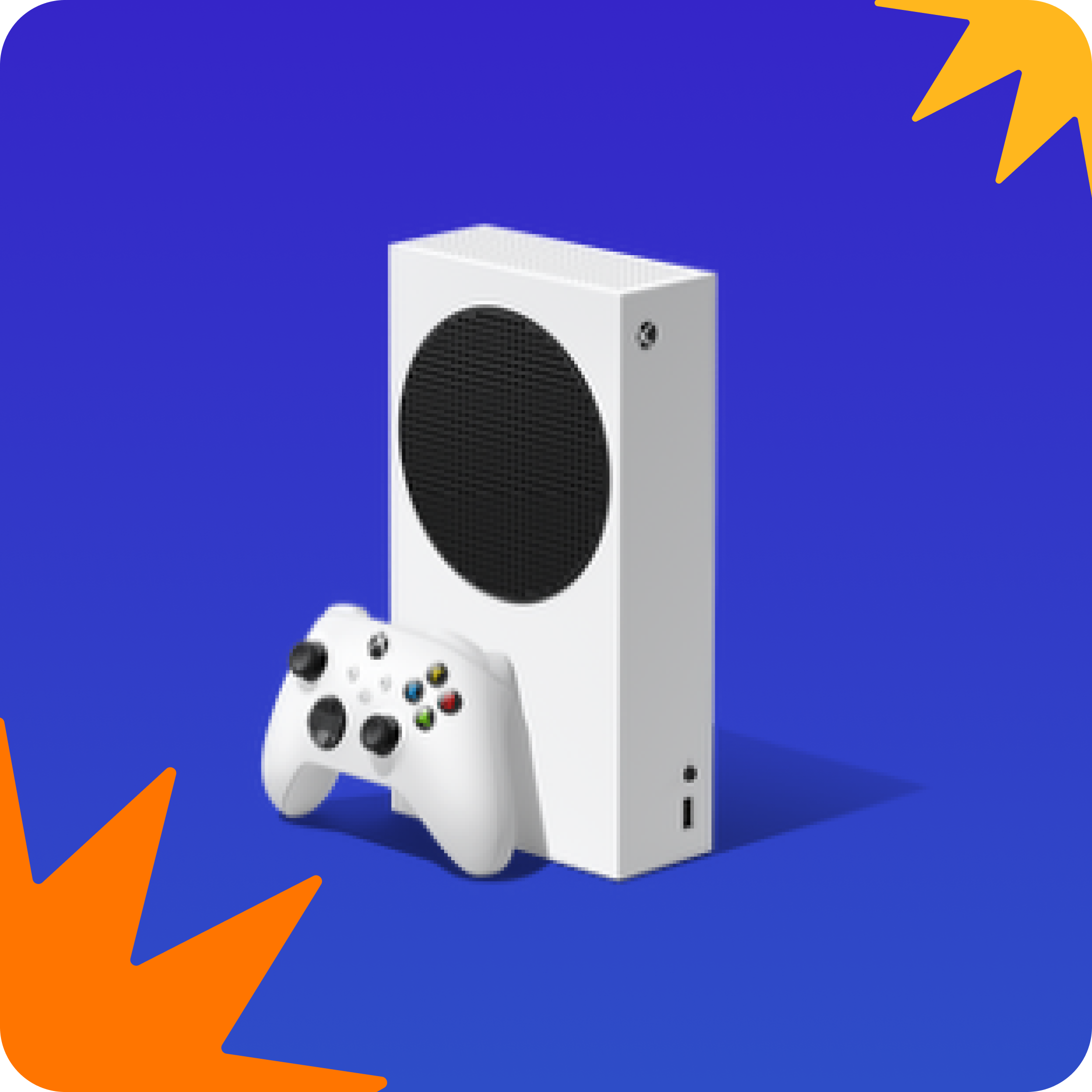 Una console Xbox Series S e un Controller Wireless per Xbox su uno sfondo blu con forme geometriche arancioni.