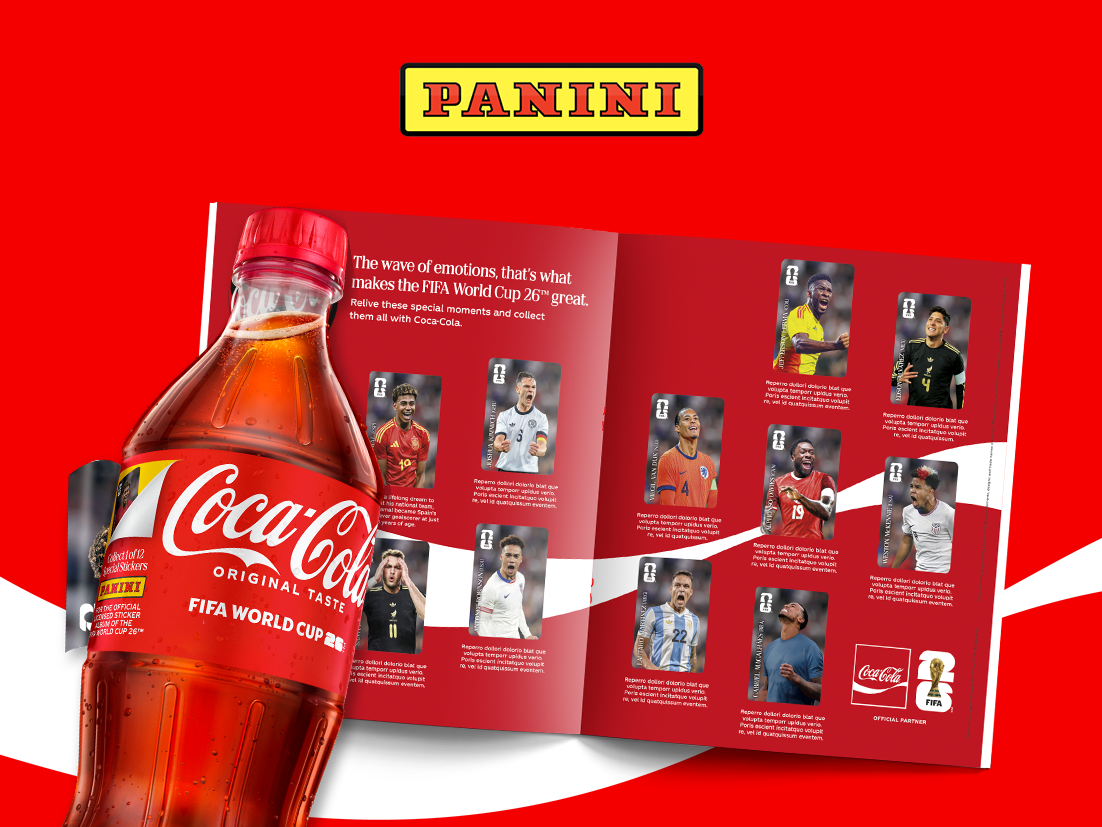 album panini con bottiglia coca-cola su sfondo rosso e logo panini