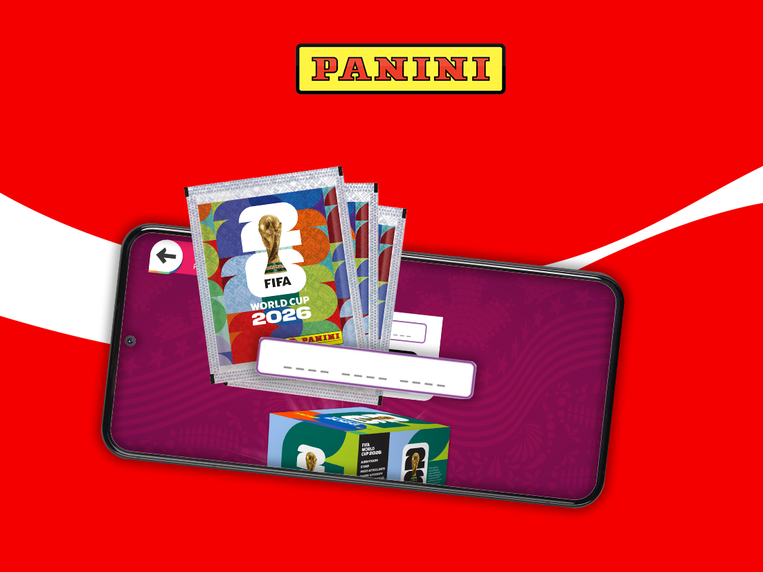 portafoglio con figurine dentro su sfondo rosso coca-cola e panini logo