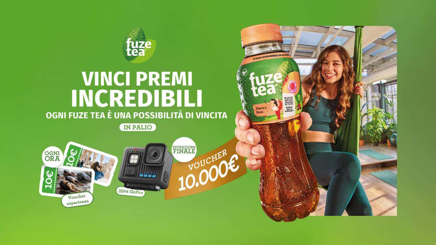 Three different flavoured Fuze Tea plastic bottles, an image of a ticket for an Island Experience, and a GoPro camera on a green background.