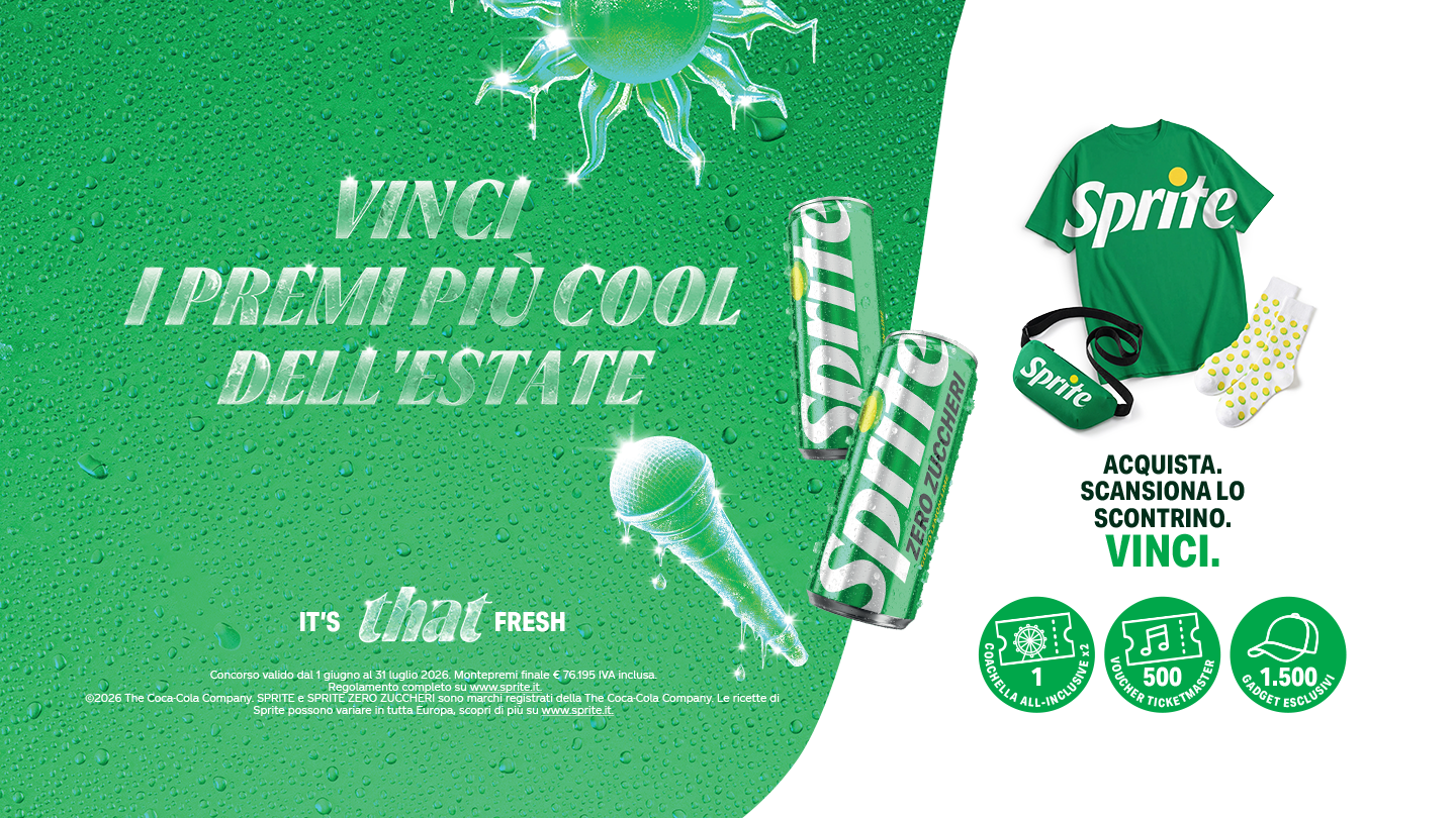 Banner promozionale dei pass per il Coachella con una lattina fredda di Sprite tra fette di lime e un sole verde brillante. Testo: 'Sei un vero fan dei festival? Acquista una Sprite per provare a vincere biglietti e fantastici premi estivi.'