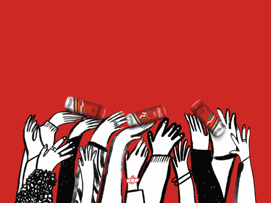 Mani illustrate che si protendono verso bottiglie di Coca-Cola su rosso
