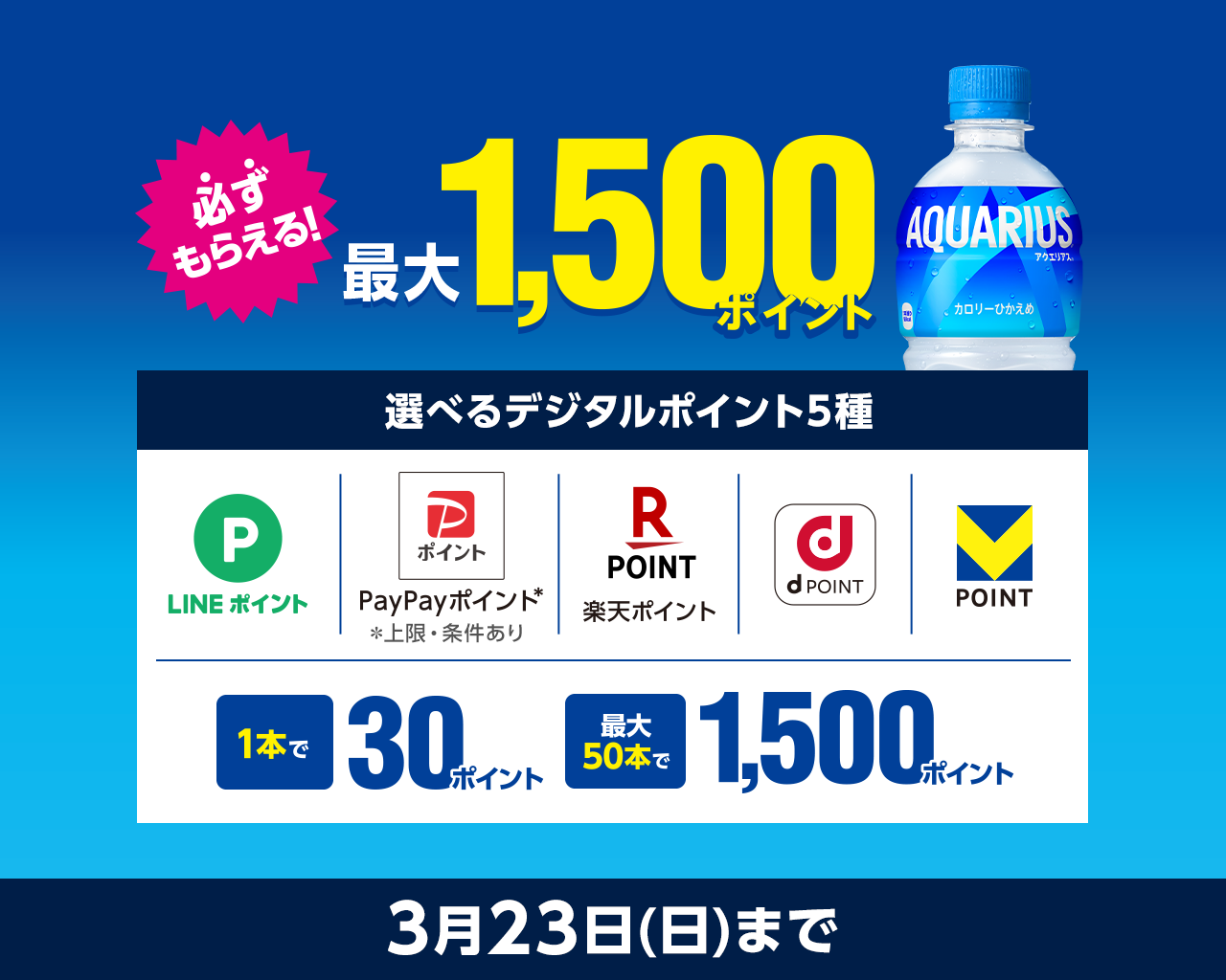 選べるデジタルポイント必ずもらえる！最大1,500ポイント 3月23日(日)まで