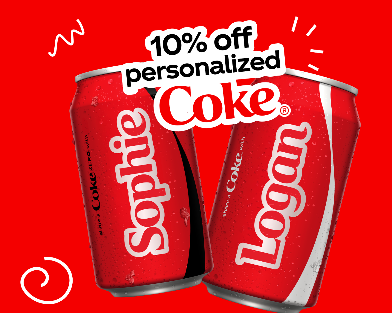 A young boy and girl lie on a picnic blanket enjoying cans of Coca-Cola with their names on them. A sticker says, '10% Off Personalized Coke' with a CTA to get promo code.