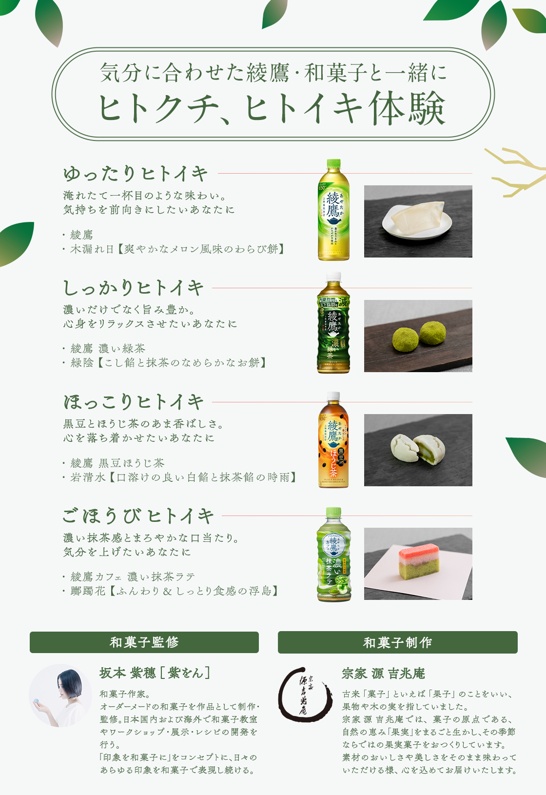 気分に合わせた綾鷹・和菓子と一緒に ヒトクチ、ヒトイキ体験  ゆったりヒトイキ 淹れたて一杯目のような味わい。 気持ちを前向きにしたいあなたに 綾鷹と木漏れ日（爽やかなメロン風味のわらび餅）  しっかりヒトイキ 濃いだけでなく旨み豊か。 心身をリラックスさせたいあなたに 綾鷹 濃い緑茶と緑陰（こし餡と抹茶のなめらかなお餅）   ほっこりヒトイキ 黒豆とほうじ茶のあま香ばしさ。 心を落ち着かせたいあなたに 綾鷹 黒豆ほうじ茶と岩清水（口溶けの良い白餡と抹茶餡の時雨）   ごほうびヒトイキ 濃い抹茶感とまろやかな口当たり。 気分を上げたいあなたに 綾鷹カフェ 濃い抹茶ラテと躑躅花（ふんわり&しっとり食感の浮島）  和菓子監修 坂本紫穗［ 紫をん ］ 和菓子作家。 オーダーメードの和菓子を作品として制作・監修。 日本国内および海外で和菓子教室やワークショップ・展示・レシピの開発を行う。 「印象を和菓子に」をコンセプトに、日々のあらゆる印象を和菓子で表現し続ける。  和菓子制作 宗家 源吉兆庵 工芸菓子職人が、和菓子の魅力「美」を感じていただける作品を日々制作しています。 菓子の原点となった自然の恵み「果実」をまるごと生かし、その季節ならではの果実菓子をおつくりしています。