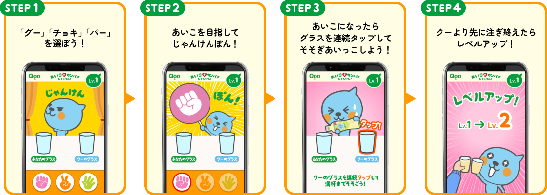 STEP1:「グー」「チョキ」「パー」を選ぼう！、STEP2:あいこを目指してじゃんけんぽん！、STEP3:あいこになったらグラスを連続タップしてそそぎあいっこしよう！、STEP4:クーより先にそそぎ終えたらレベルアップ！