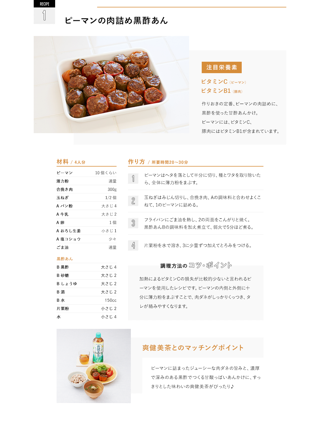 RECIPE1 ピーマンの肉詰め黒酢あん 注目栄養素 ビタミンC（ピーマン）ビタミンB1（豚肉）作りおきの定番、ピーマンの肉詰めに、黒酢を使った甘酢あんかけ。ピーマンにはビタミンC、豚肉にはビタミンB1が含まれています。|材料/ 4人分 ピーマン  10個くらい 薄力粉  適量 合挽き肉  300g 玉ねぎ  1/2 個 A パン粉  大さじ 4 A 牛乳  大さじ 2 A 卵  1個 A おろし生姜  小さじ 1 A 塩コショウ  少々 ごま油  適量 黒酢あん B 黒酢  大さじ 4 B 砂糖  大さじ 2 B しょうゆ  大さじ 2 B 酒  大さじ 2 B 水  150cc 片栗粉  小さじ 2 水  小さじ 4 作り方/ 所要時間20～30分 ピーマンはヘタを落として半分に切り、種とワタを取り除いたら、全体に薄力粉をまぶす。 玉ねぎはみじん切りし、合挽き肉、Aの調味料と合わせよくこねて、1のピーマンに詰める。フライパンにごま油を熱し、2の両面をこんがりと焼く。黒酢あんBの調味料を加え煮立て、弱火で5分ほど煮る。片栗粉を水で溶き、3に少量ずつ加えてとろみをつける。加熱によるビタミンCの損失が比較的少ないと言われるピーマンを使用したレシピです。ピーマンの内側と外側に十分に薄力粉をまぶすことで、肉ダネがしっかりくっつき、タレが絡みやすくなります。|爽健美茶とのマッチングポイント ピーマンに詰まったジューシーな肉ダネの旨みと、濃厚で深みのある黒酢でつくる甘酸っぱいあんかけに、すっきりとした味わいの爽健美茶がぴったり♪