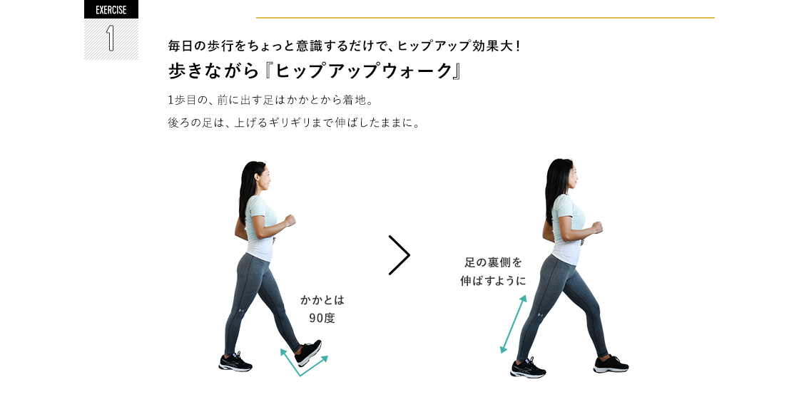 EXERCISE 1 毎日の歩行をちょっと意識するだけで、ヒップアップ効果大！歩きながら『ヒップアップウォーク』1歩目の、前に出す足はかかとから着地。後ろの足は、上げるギリギリまで伸ばしたままに。かかとは90度 足の裏側を伸ばすように 