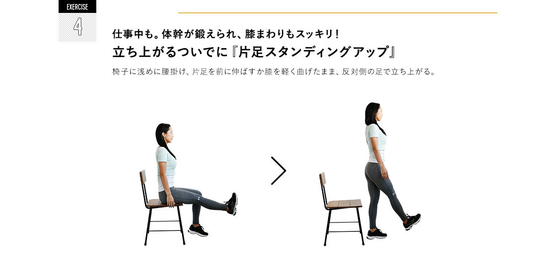 EXERCISE 4 仕事中も。体幹が鍛えられ、膝まわりもスッキリ!立ち上がるついでに『片足スタンディングアップ』 椅子に浅めに腰掛け、片足を前に伸ばすか膝を軽く曲げたまま、反対側の足で立ち上がる。