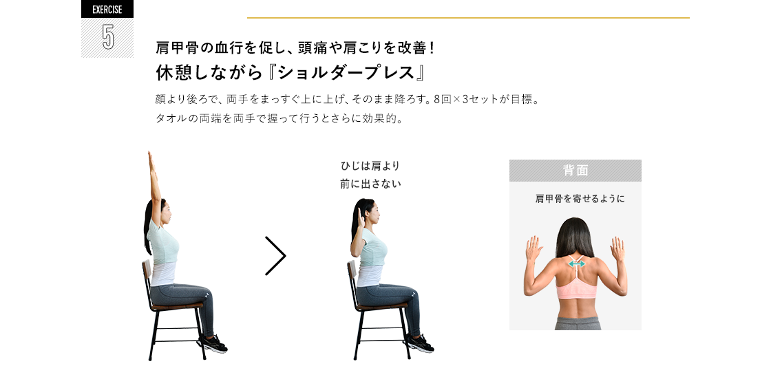 EXERCISE 5 肩甲骨の血行を促し、頭痛や肩こりを改善! 休憩しながら『ショルダープレス』顔より後ろで、両手をまっすぐ上に上げ、そのまま降ろす。8回×3セットが目標。タオルの両端を両手で握って行うとさらに効果的。ひじは肩より前に出さない 肩甲骨を寄せるように