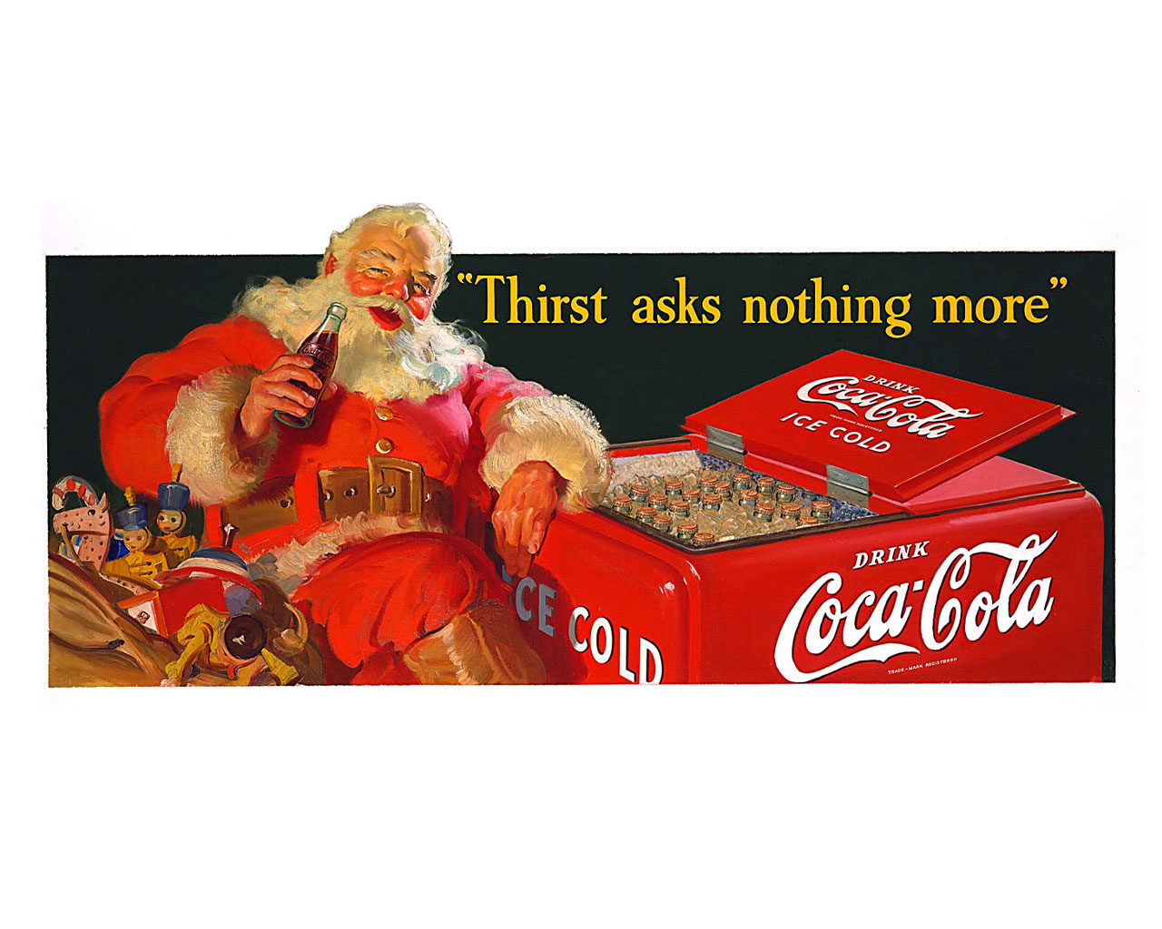コカ・コーラのボトルが詰まったクーラーボックスの前でコカコラを飲みながら休憩するサンタクロースの広告作品