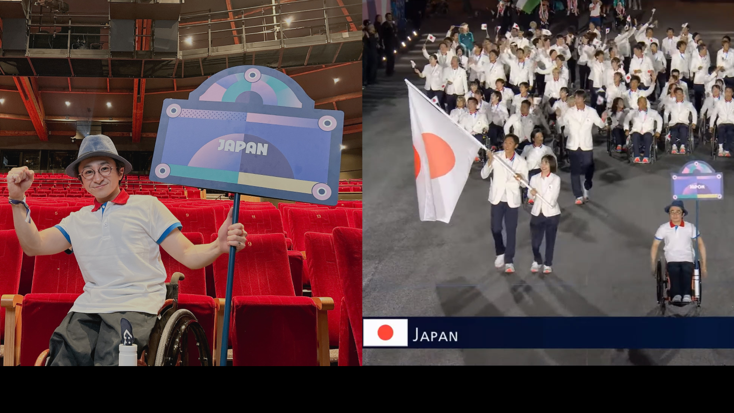 写真:垣内さんがプラカードを持ってポーズしている様子と垣内さんが日本代表選手団を先導している様子