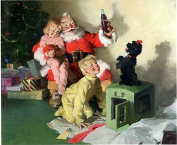 コカ・コーラを持つサンタクロースと2人の子どもたちが笑いながらプードルを見つめる姿を描いた作品