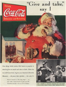 ターキー片手にコカ・コーラを飲むサンタクロースの広告作品