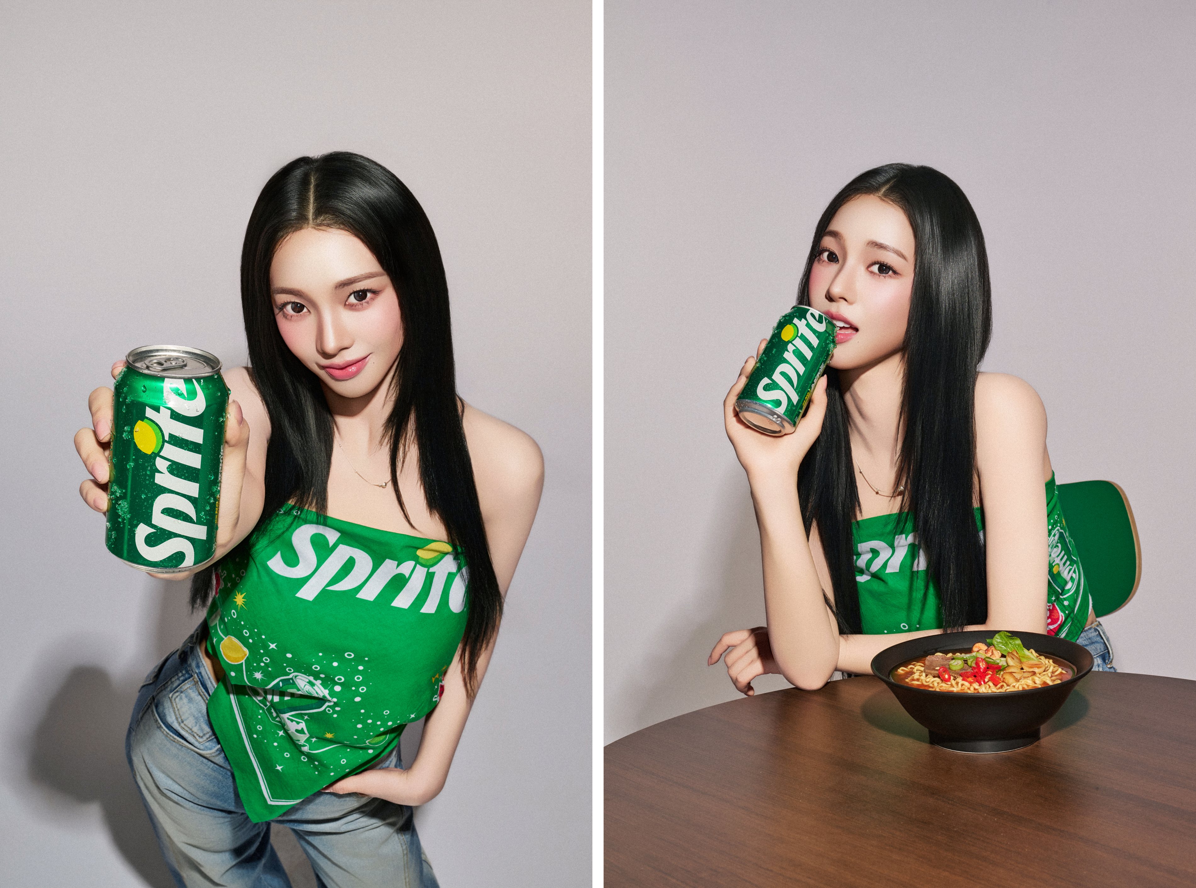 스프라이트 반다나 앞치마를 입고 있는 카리나가 스프라이트와 함께 매운 음식을 즐기는 모습