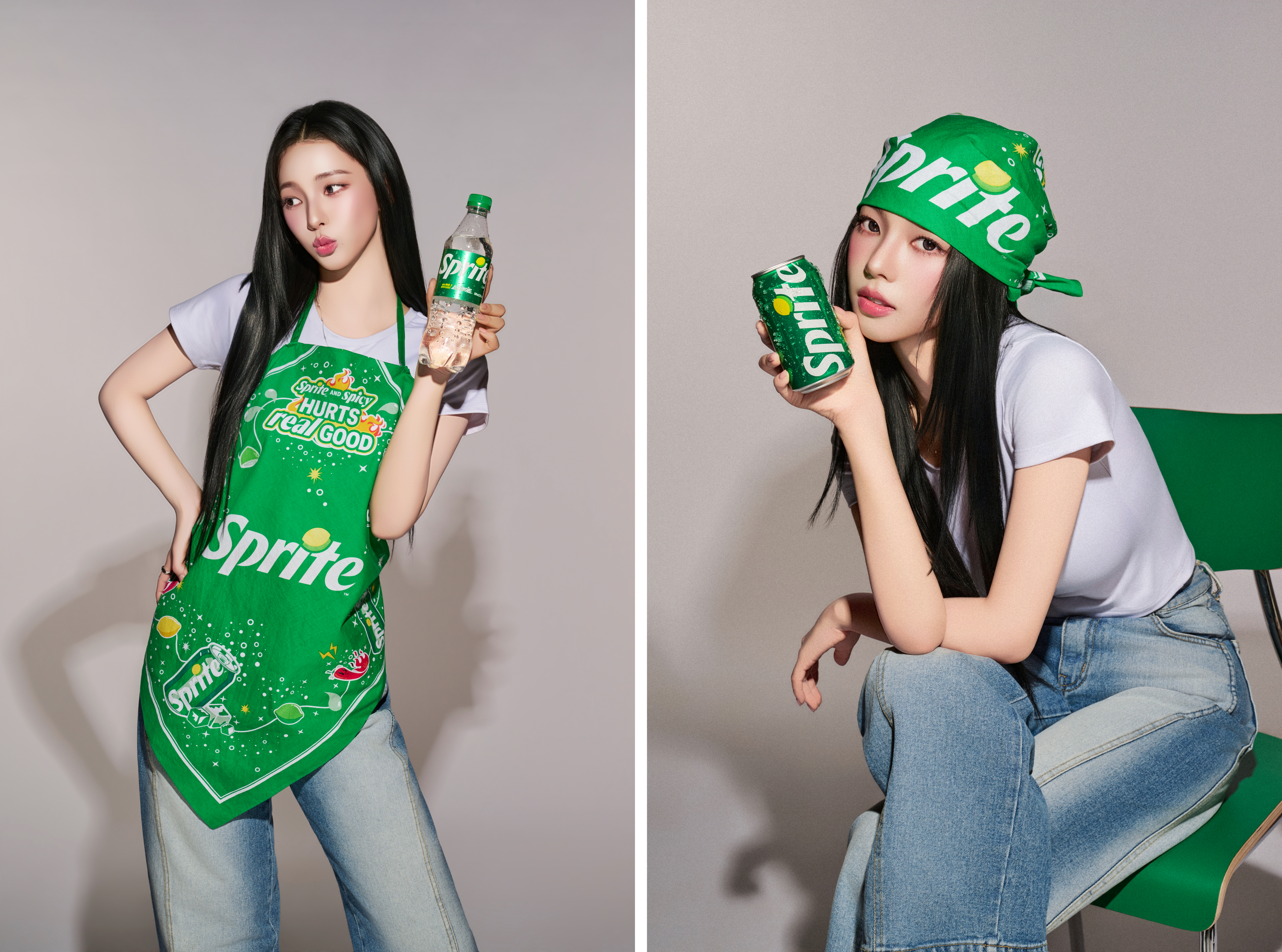 스프라이트 반다나 앞치마로 다양한 스타일링을 보여주는 카리나. 앞치마로, 반다나로 패셔너블하게 활용하고 있는 모습