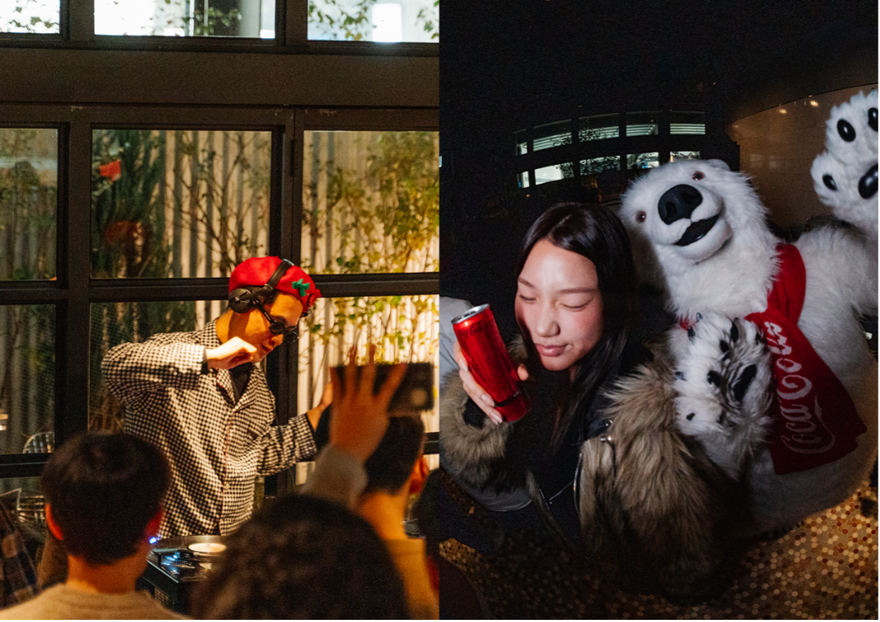 코카-콜라 X 현대카드 쿠킹 라이브러리에서 진행된 프리 오픈 파티에서 디제잉을 하고 있는 디제이와 파티를 즐기고 있는 사람들의 모습.